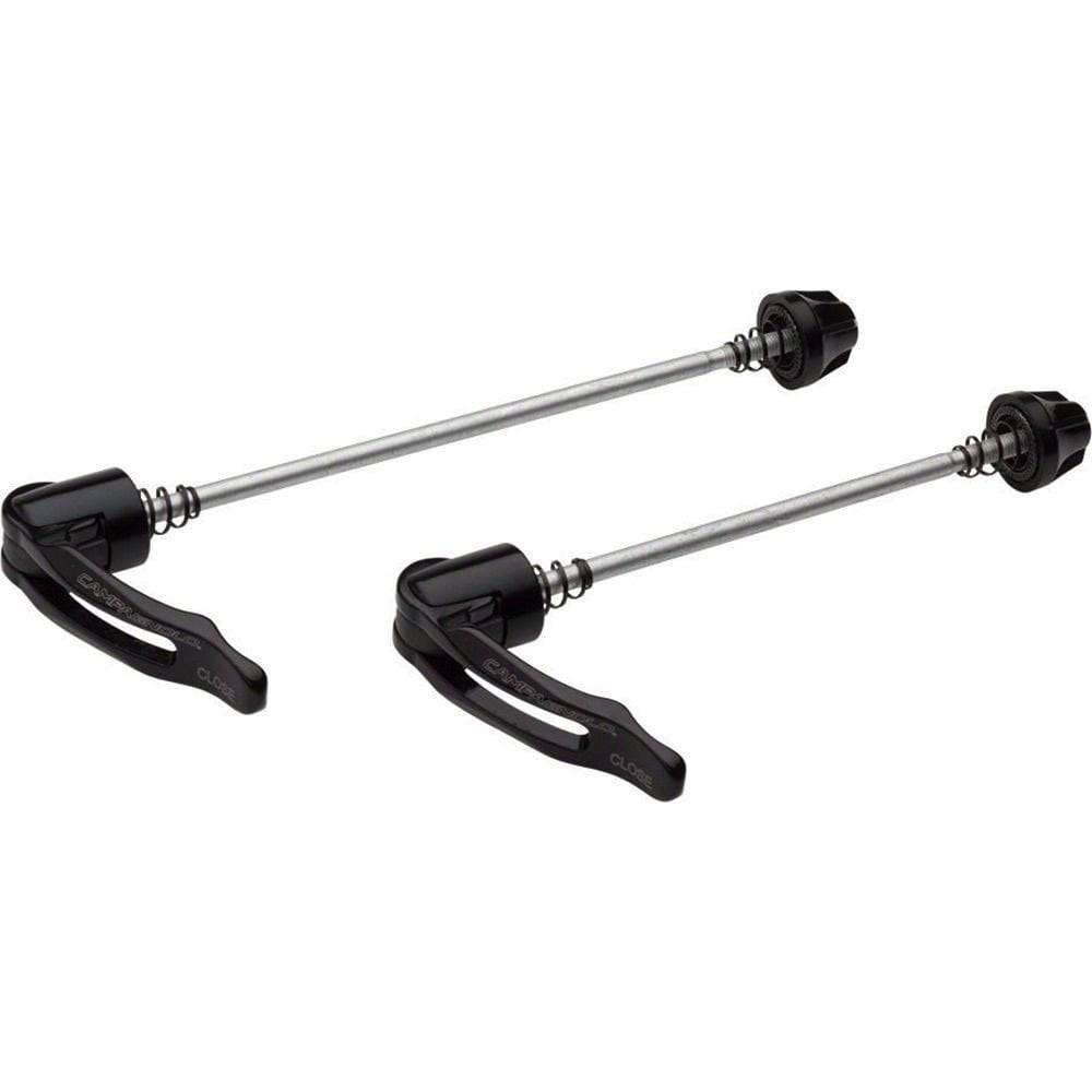Campagnolo black quick release skewers for Bullet, Zonda, Scirocco wheels, showing the sleek components and release levers.