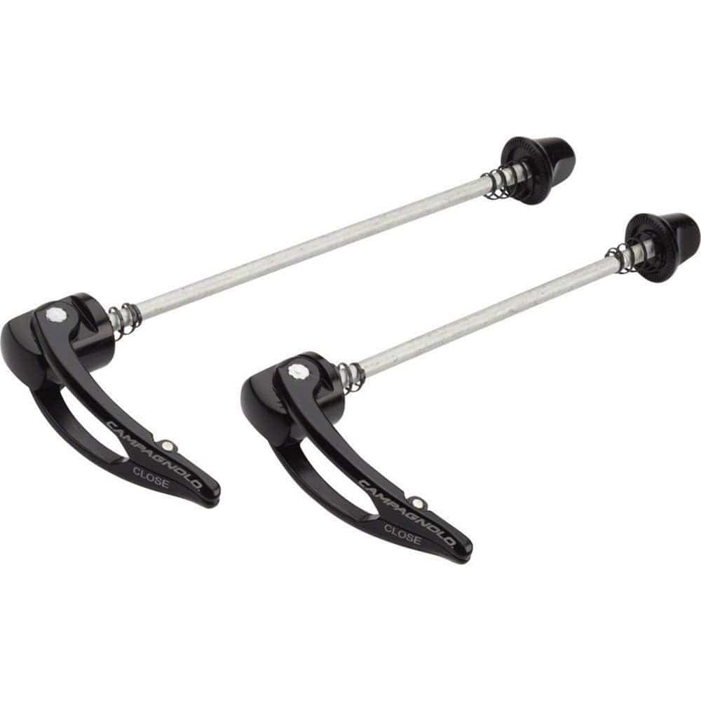 Pair of black Campagnolo quick release skewers for Bora Ultra and Hyperon wheels, bicycle components for secure wheel attachment.