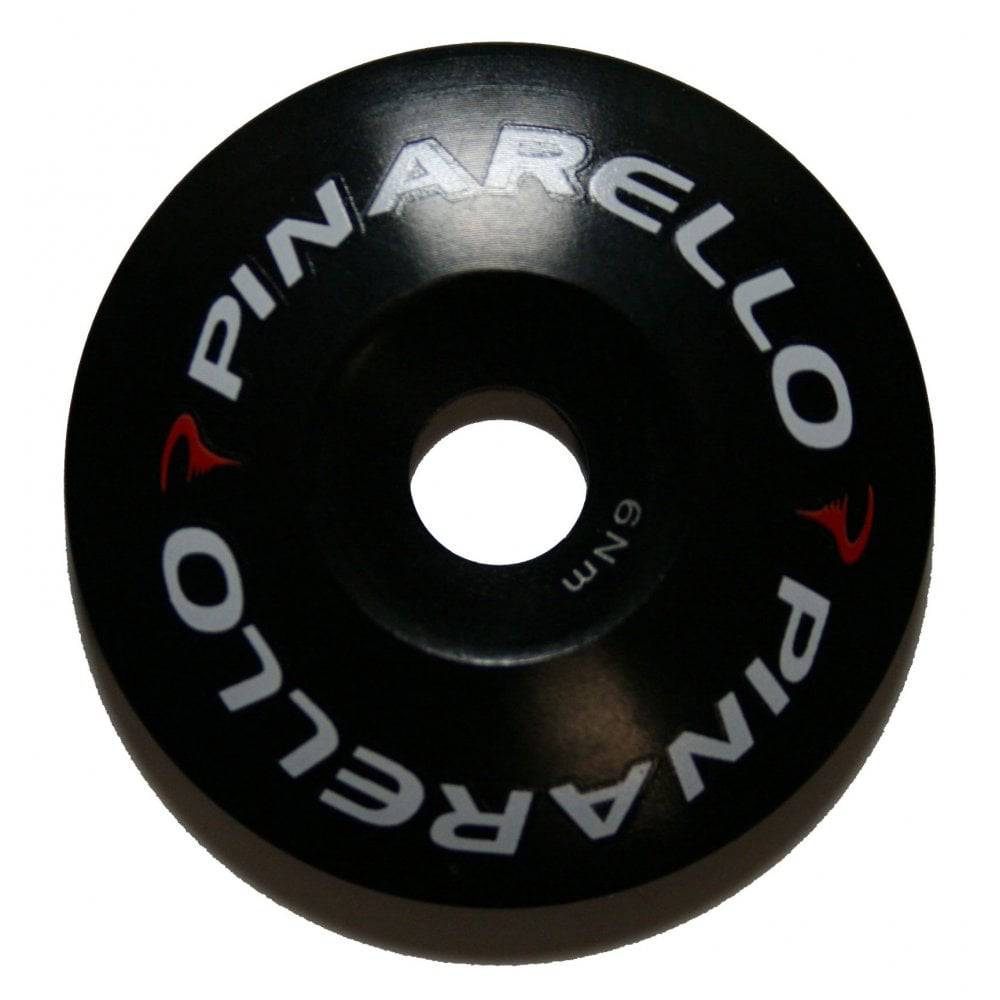 Pinarello round alloy top cap for bicycle headset, replacement component, durable metal bike headgear accessory.