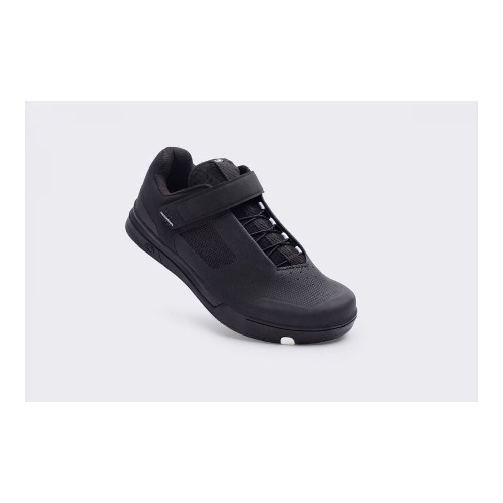 Crank Brothers Mallet Speedlace MTB shoes with Match Box outsole for trail riding, showing the black and gray shoes with laces and rugged sole.