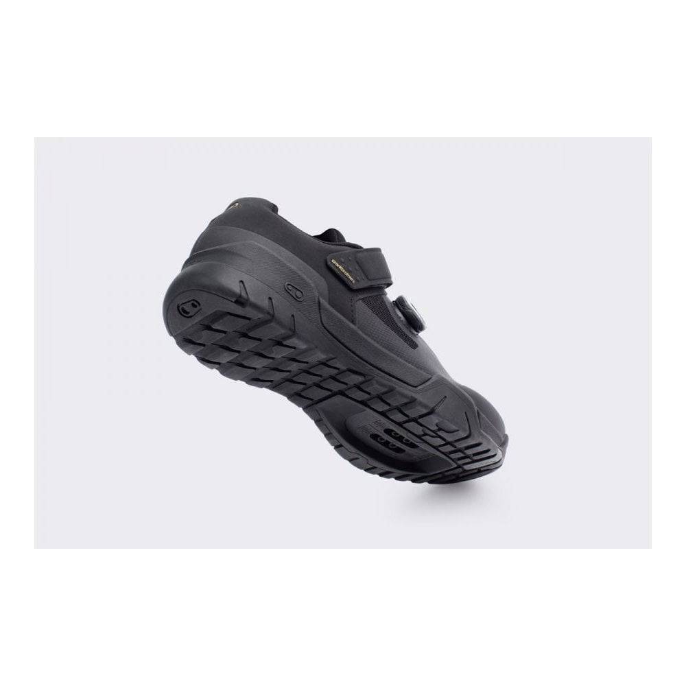 Crank Brothers Malllet E BOA MTB shoes showing black and grey cycling shoes with Boa laces and clipless pedal compatibility.
