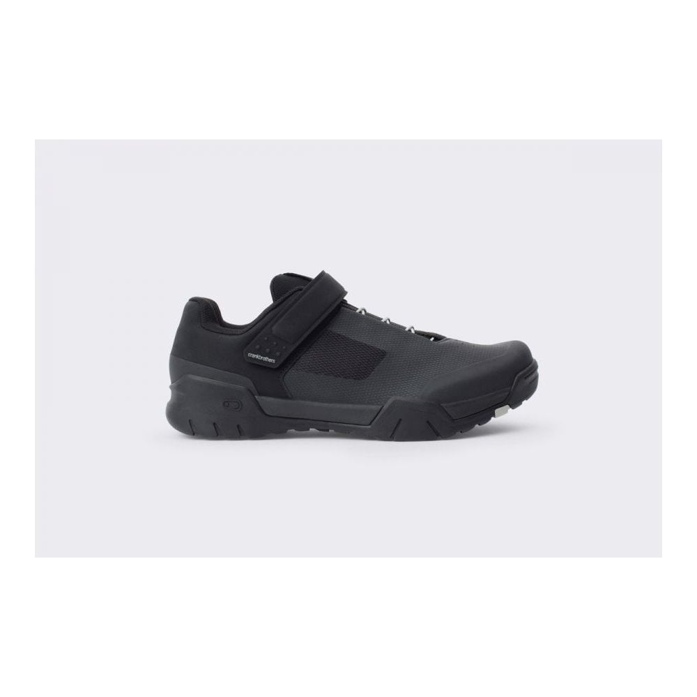 Crank Brothers Mallet E Lace MTB shoes with Match Box outsole for mountain biking, featuring black and gray design and laced closure.