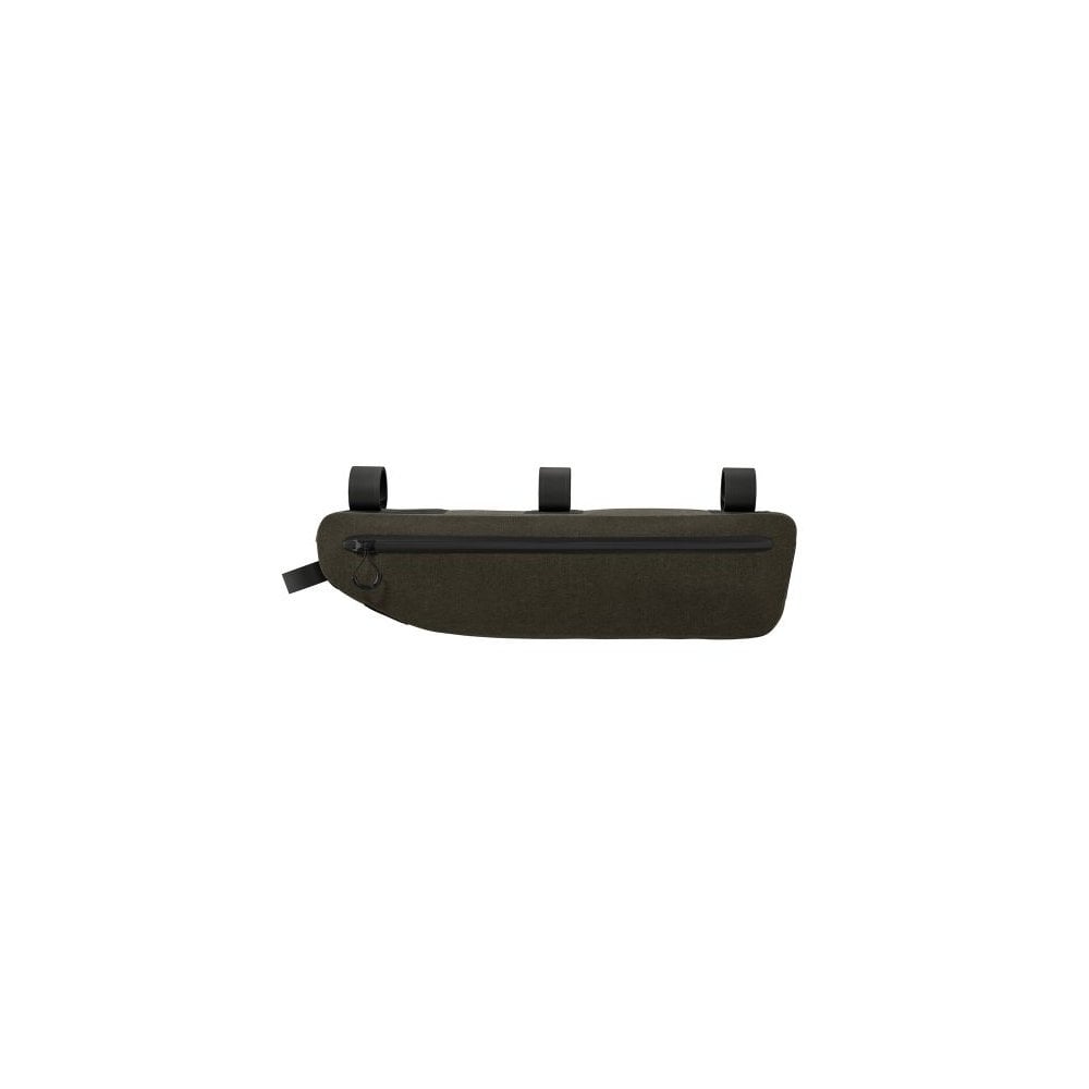 Brooks Scape waterproof bike frame bag in mud green, 3L capacity, designed for cycling adventures, mounted on a bicycle frame.