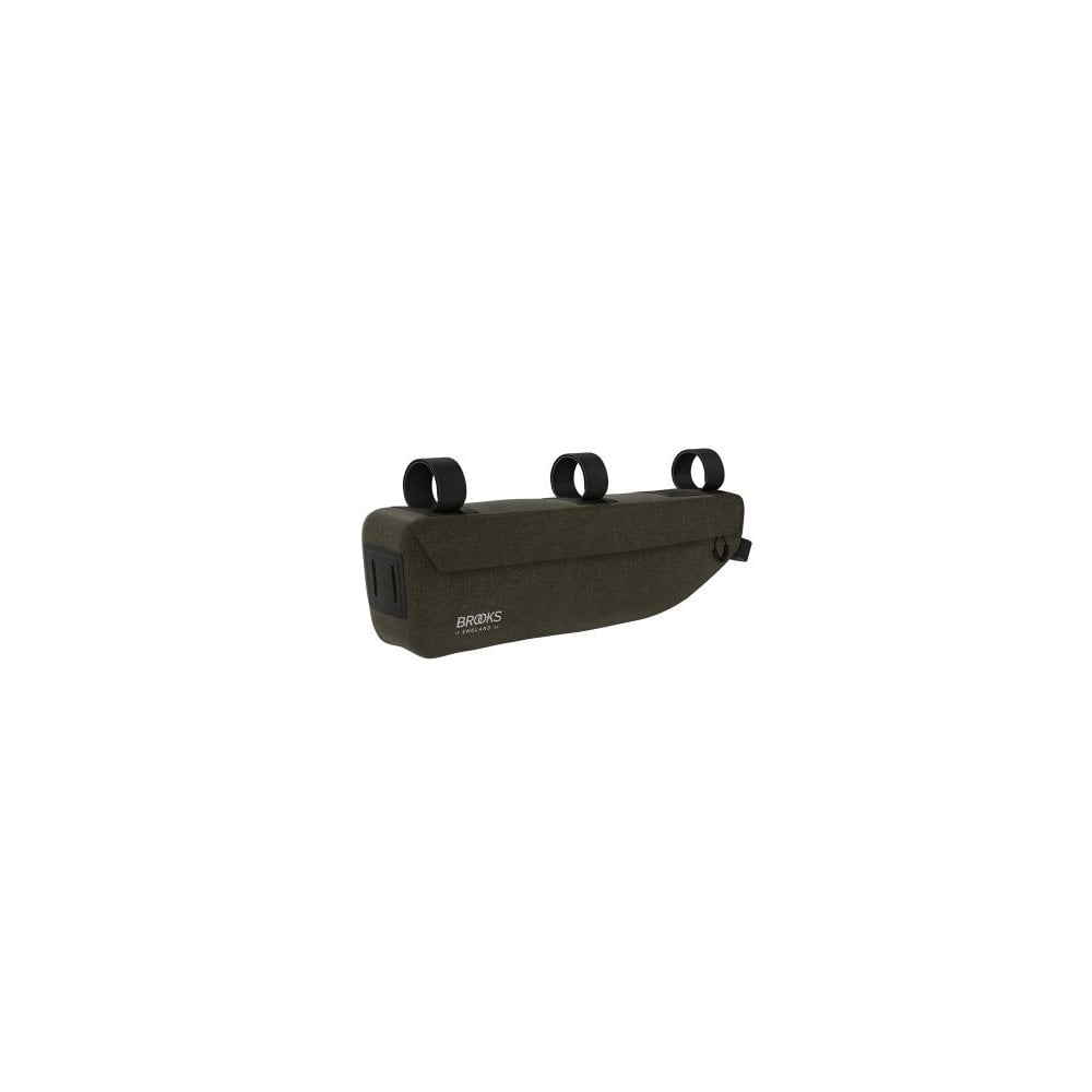 Brooks Scape waterproof bike frame bag in mud green, 3L capacity, designed for cycling adventures, durable cycling accessory