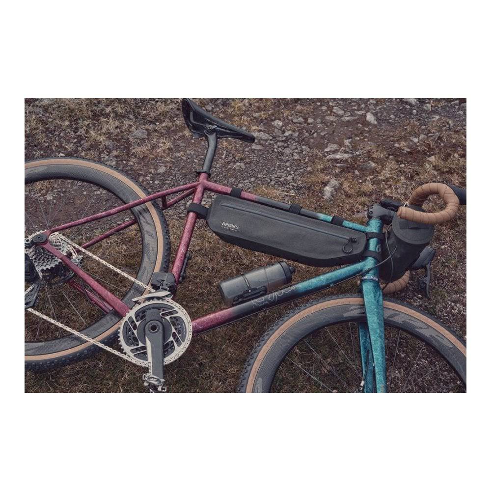 Brooks Scape waterproof bike frame bag in mud green, 3L capacity, designed for cycling adventures and bike accessories.