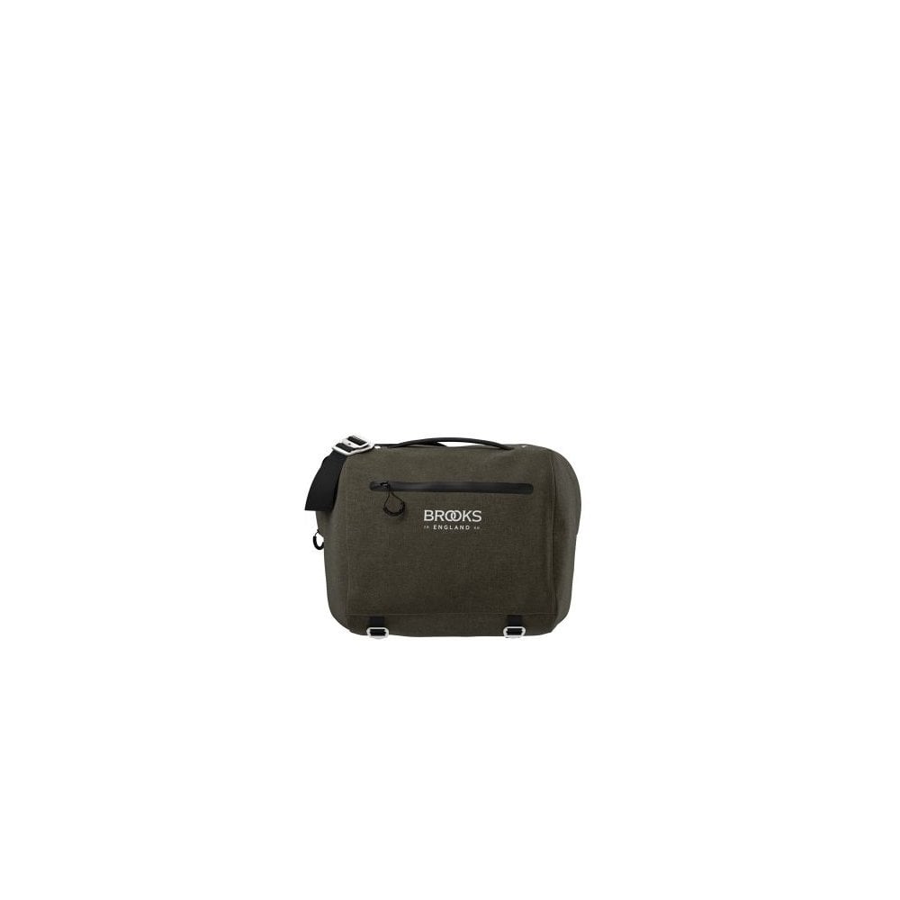 Brooks Scape handlebar bag in mud green, waterproof cycling accessory with 10L capacity, designed to hold a laptop.
