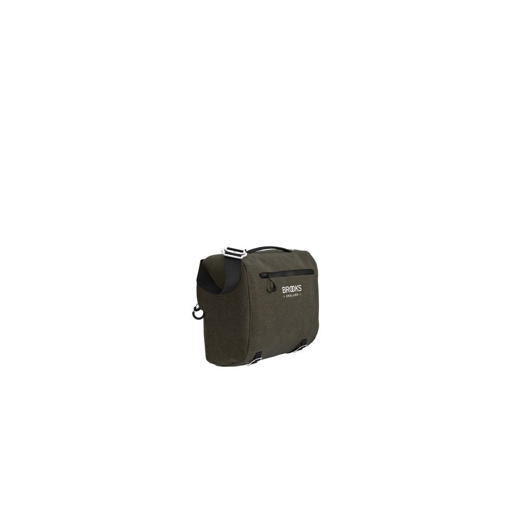 Brooks Scape handlebar bag in mud green, waterproof cycling accessory with 10L capacity, suitable for carrying laptops and gear