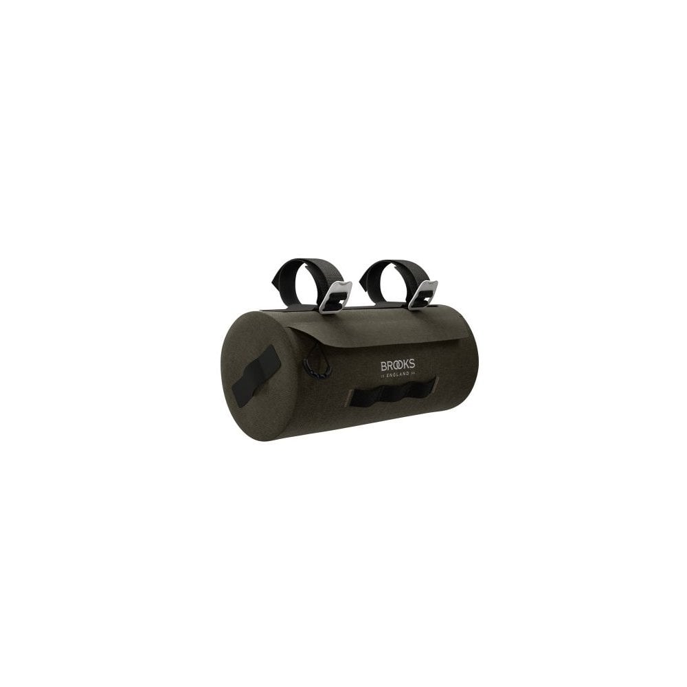 Brooks Scape waterproof handlebar pouch in mud green, bike storage bag attached to a bike handlebar.