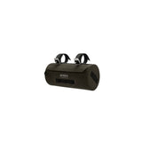 Brooks Scape waterproof handlebar pouch in mud green, bike storage bag mounted on bicycle handlebar for outdoor cycling accessories.