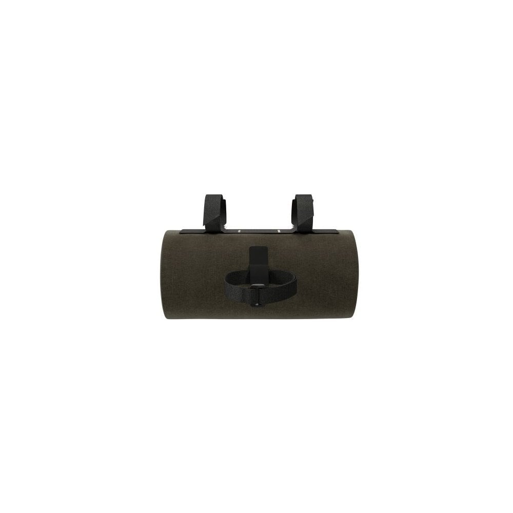 Brooks Scape waterproof handlebar pouch in mud green attached to a bike handlebar, ideal for bike storage accessories.