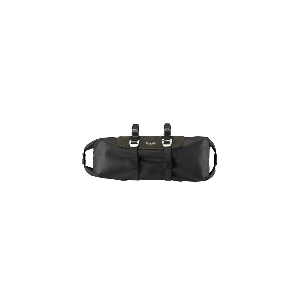 Brooks Scape handlebar roll bag in muddy green waterproof bikepacking gear for cycling accessories on a bike.