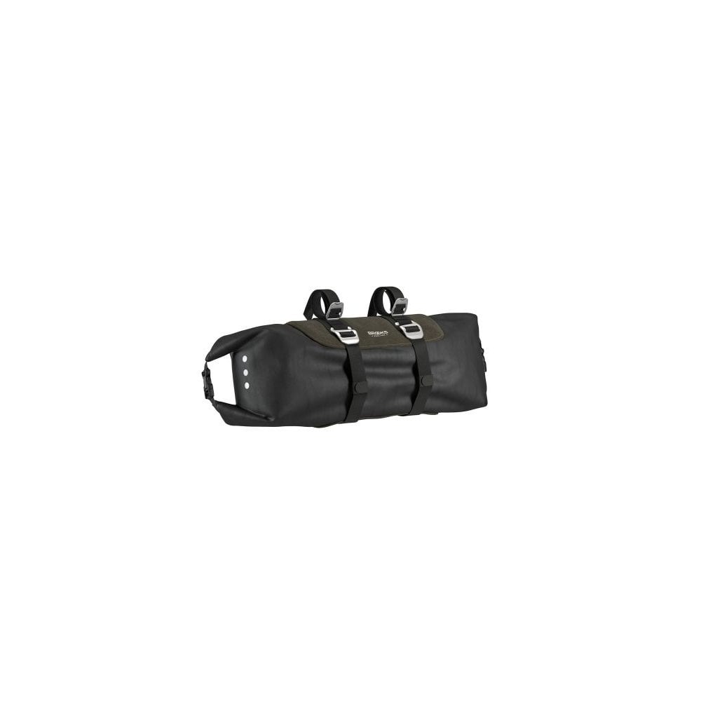 Brooks Scape handlebar roll bag in waterproof mud green bikepacking gear attached to a bike handlebar.