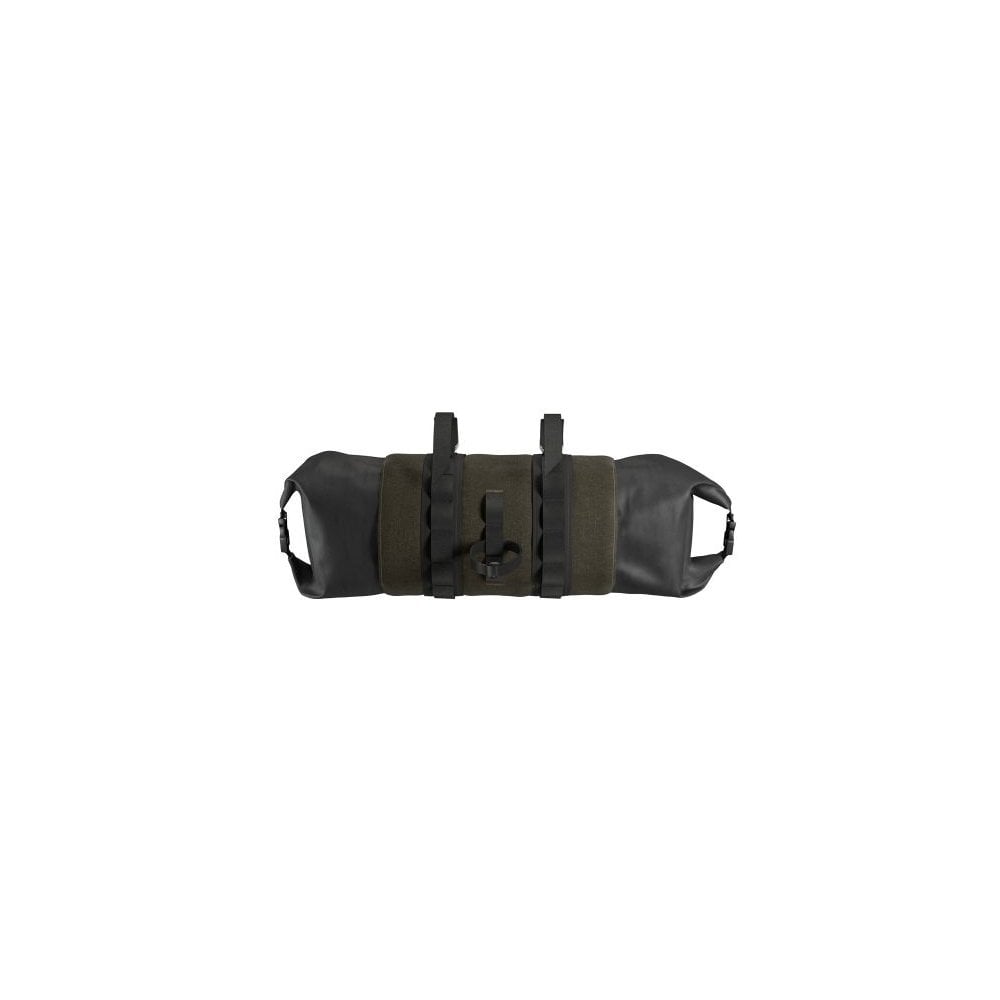 Brooks Scape handlebar roll bag in mud green, waterproof bikepacking accessory with multiple straps for secure mounting.