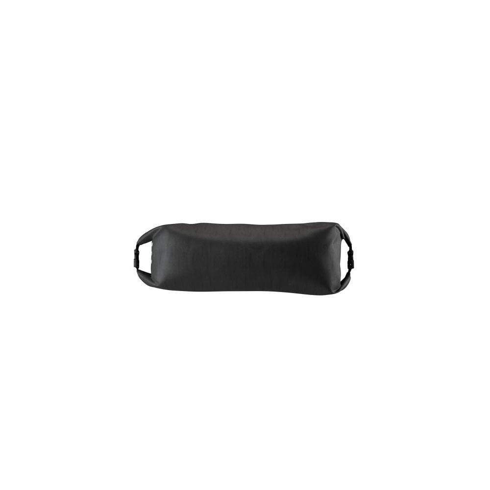 Brooks Scape handlebar roll bag in mud green, waterproof bikepacking gear attached to a bicycle handlebar.