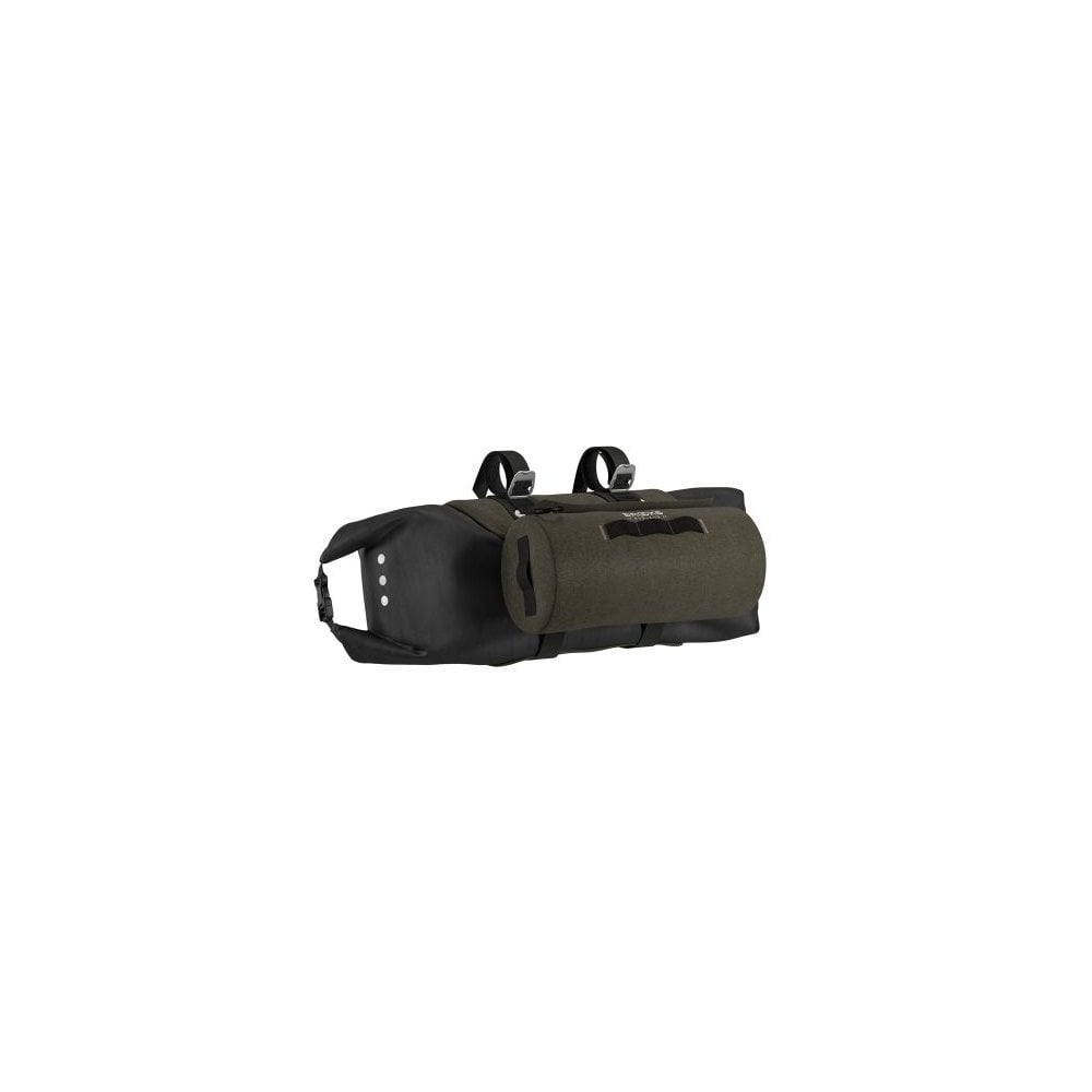 Brooks Scape Handlebar Roll Bag in muddy green waterproof bikepacking gear accessory mounted on a bicycle handlebar