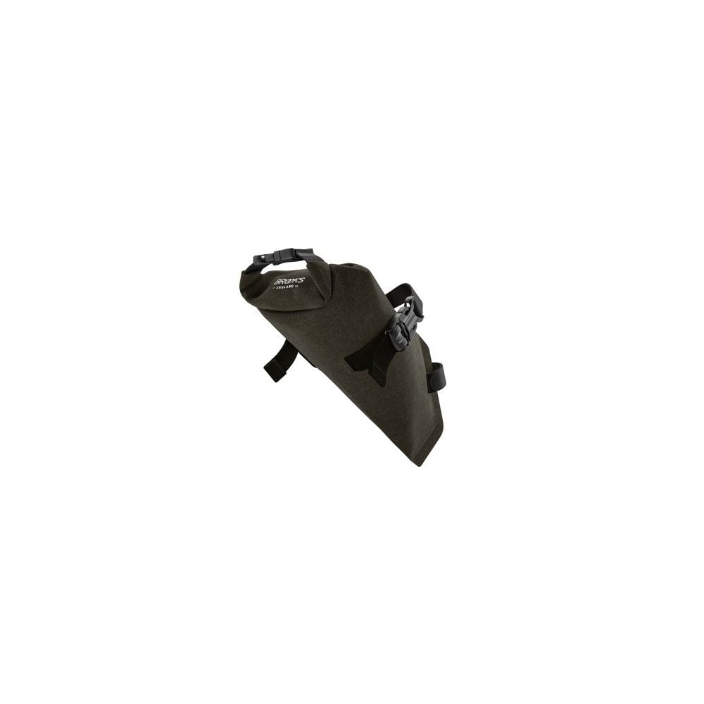 Brooks Scape Saddle Roll Bag in mud green waterproof bikepacking accessory attached to bike saddle, 1.5L capacity.