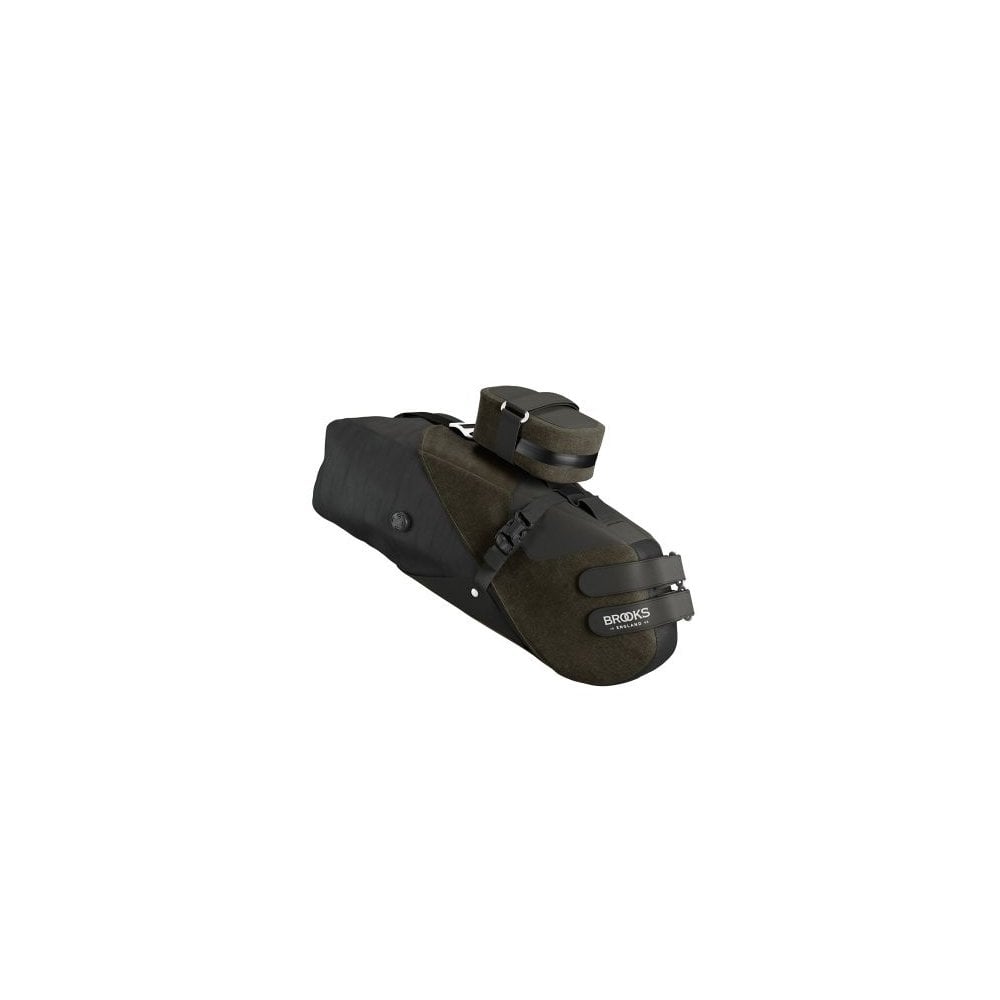 Brooks Scape Seat Bag in mud green waterproof bikepacking drybag with daisy chain attachment on bicycle seat.
