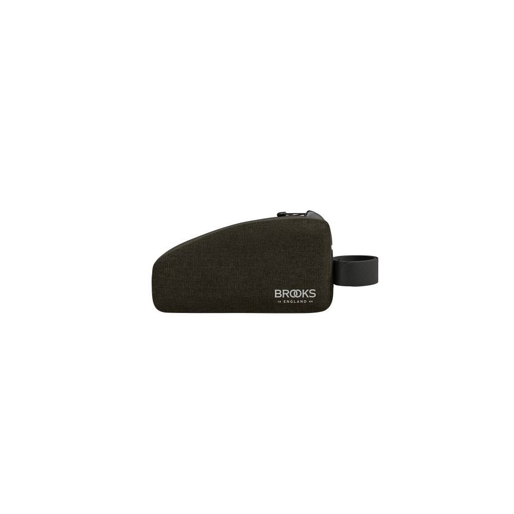 Brooks Scape waterproof top tube bag in mud green with reflective details, designed for bike accessories and storage.