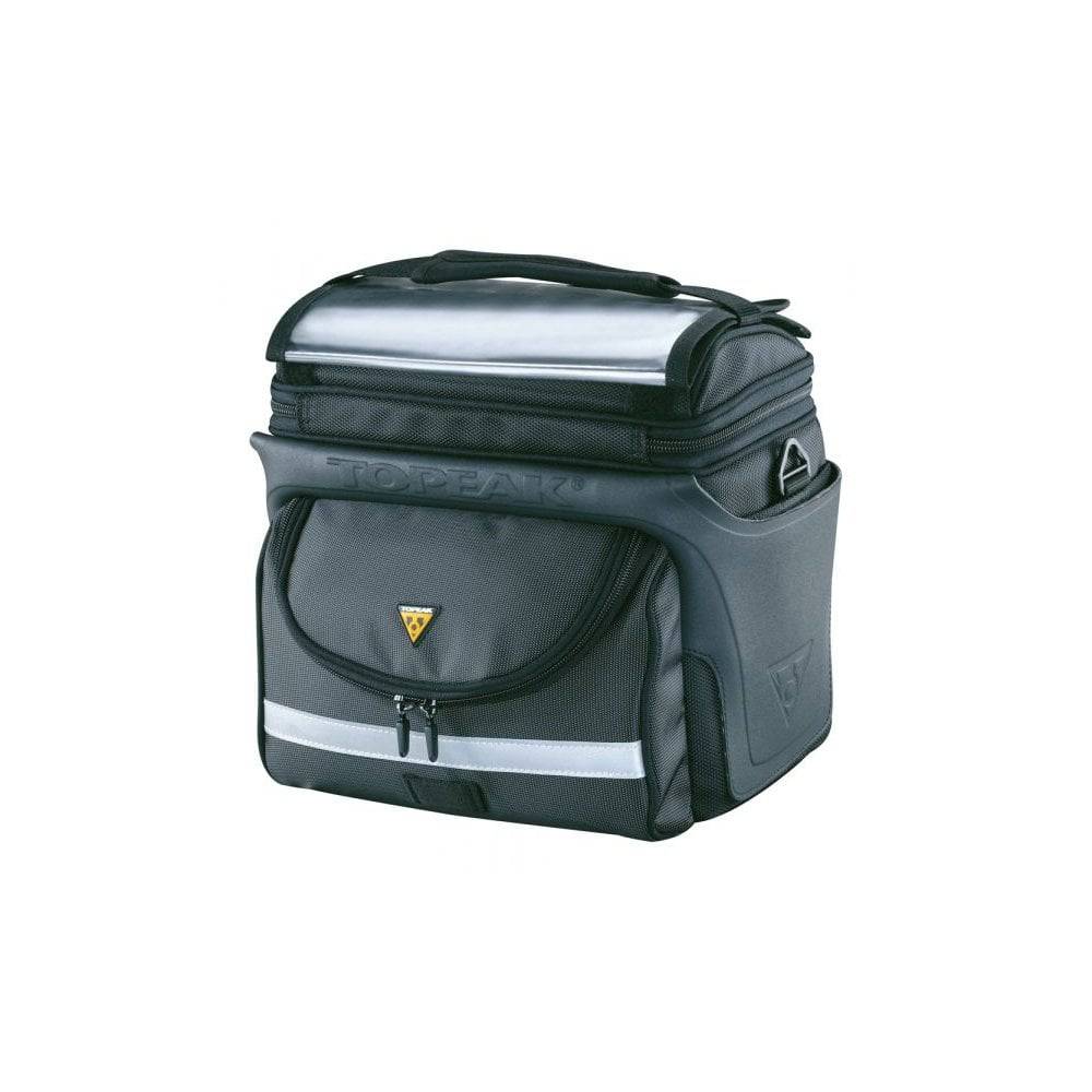 Topeak Tourguide DX black bar bag with QuickClick mount and rain cover, 7.7L capacity, cycling accessories.