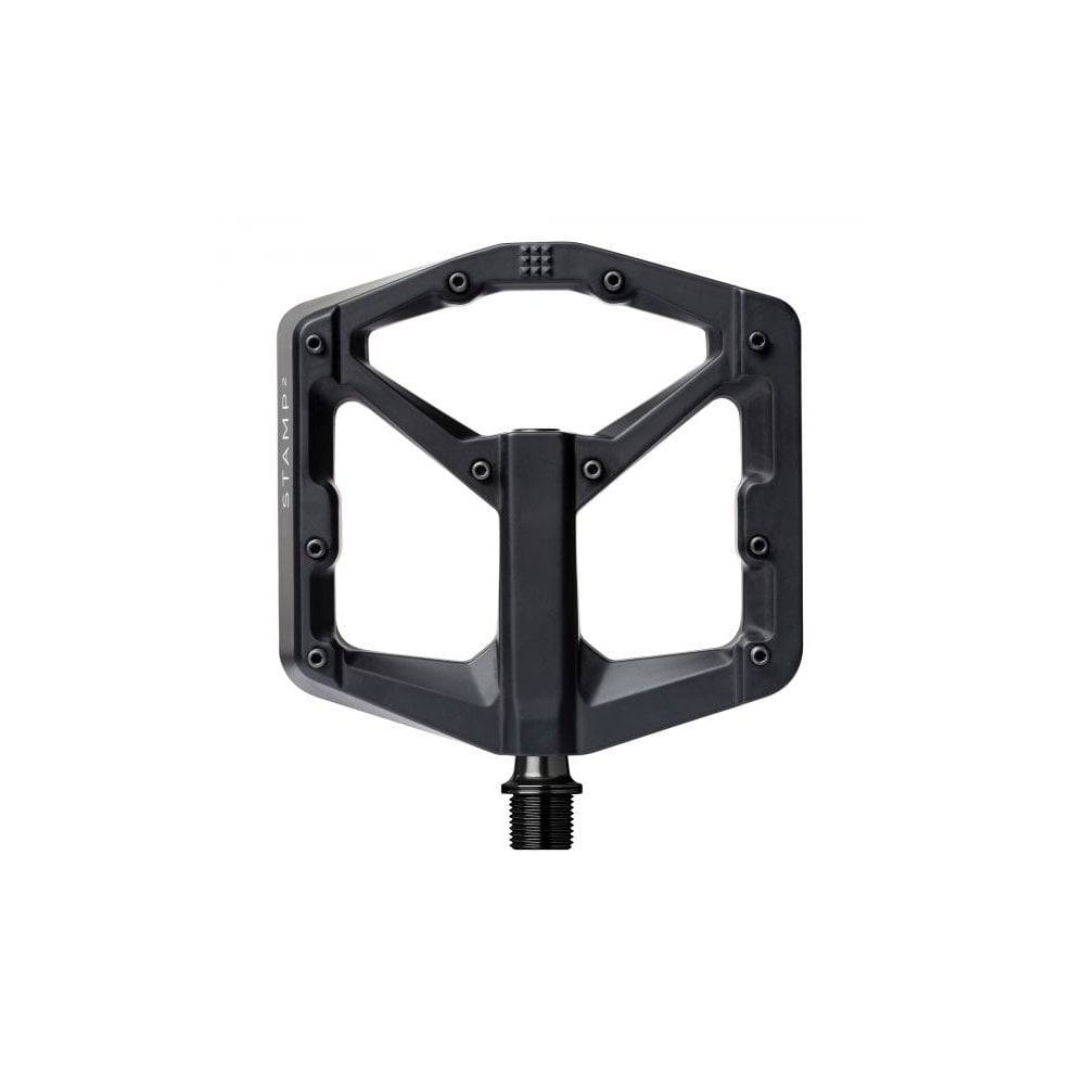 Crank Brothers Stamp 2 flat MTB pedal with adjustable pins, durable metal platform for trail and mountain biking.