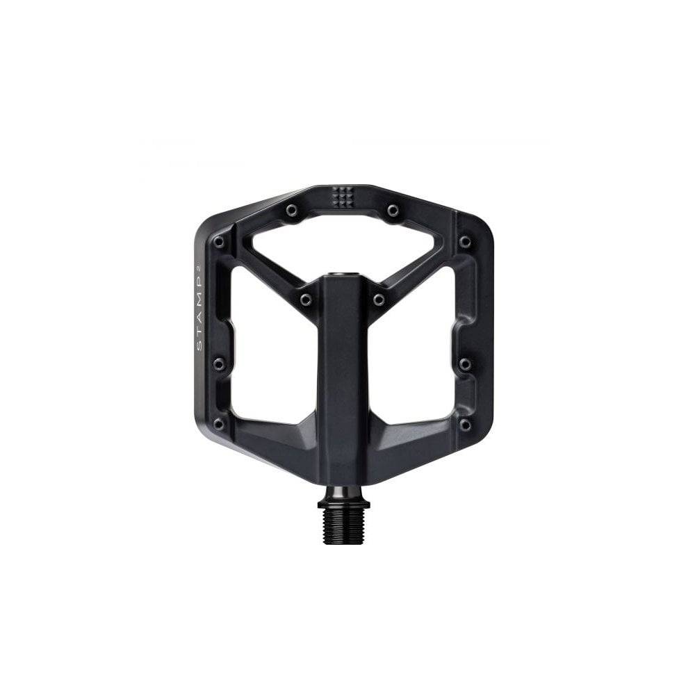 Crank Brothers Stamp 2 flat MTB pedal with adjustable pins, black metal body and platform for trail riding and mountain biking.