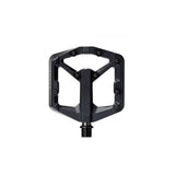 Crank Brothers Stamp 2 flat MTB pedal with adjustable pins, black metal body and platform for trail riding and mountain biking.