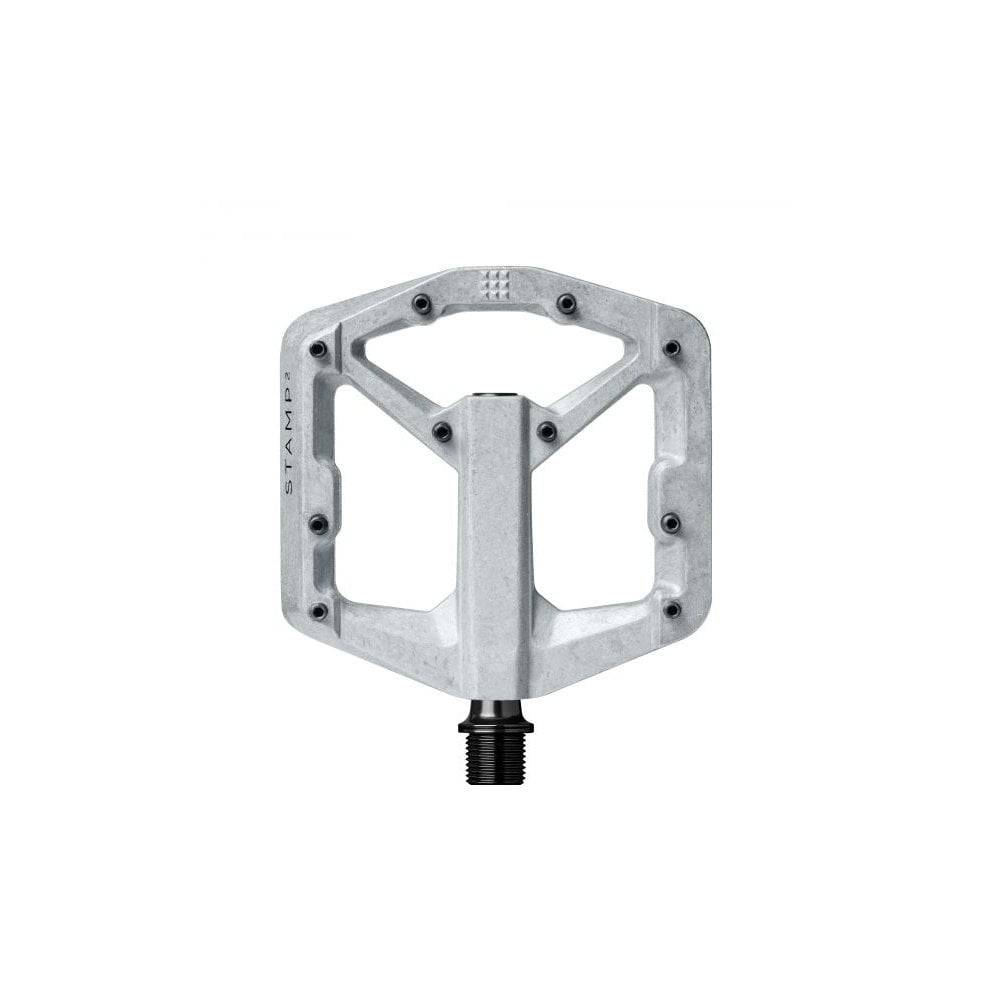 Crank Brothers Stamp 2 flat MTB pedal with adjustable pins, durable aluminum body, ideal for trail riding and mountain biking.