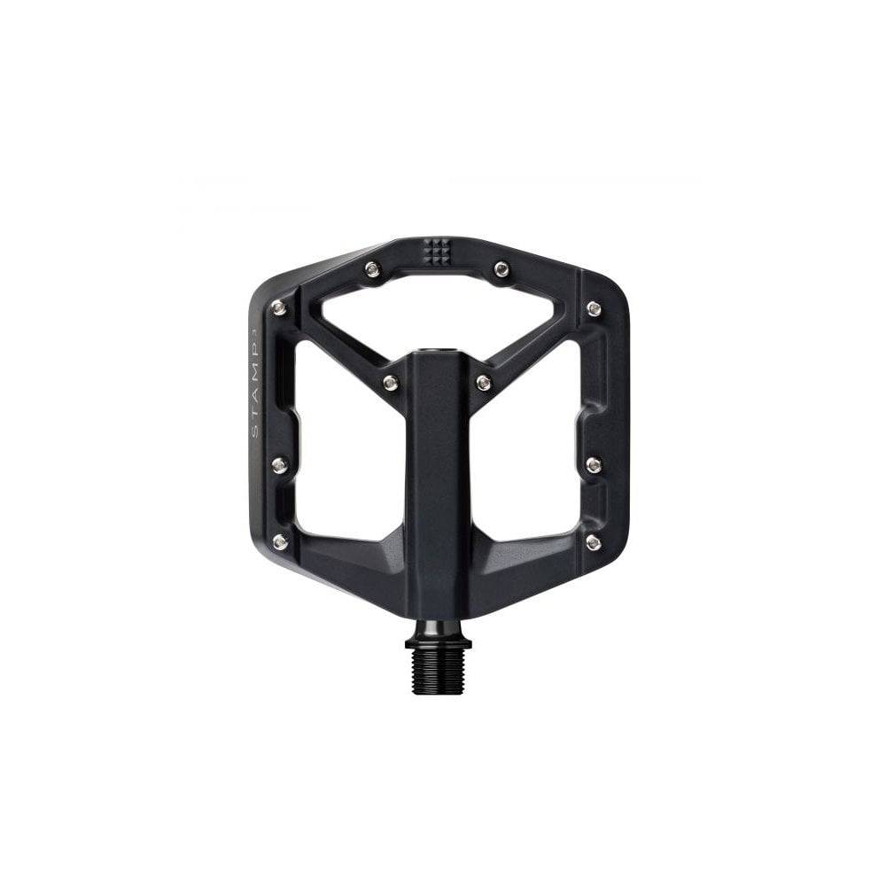 Crank Brothers Stamp 3 flat pedal with adjustable pins for enhanced grip and durability, shown with metal body and textured surface.