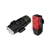 Topeak Powerlux USB rechargeable bike light combo with front Headlux 100 and taillux 25 in black, mounted on a bike.