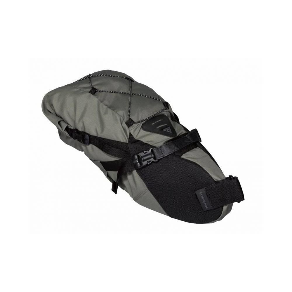 Topeak BackLoader bikepacking seat bag, water-resistant quick-release storage accessory attached to bike saddle.