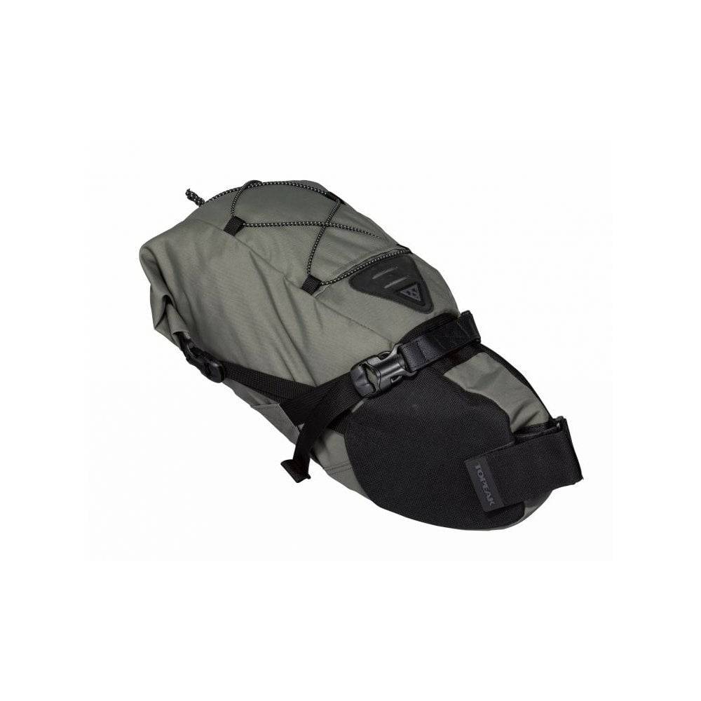 Topeak BackLoader bikepacking seat bag with water-resistant fabric and quick-release mount attached to a bicycle seat.