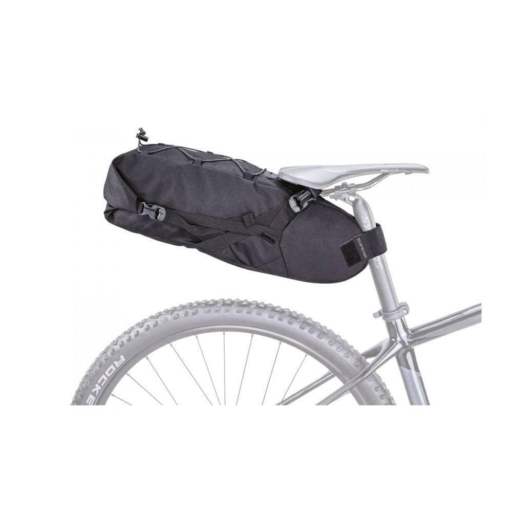 Topeak BackLoader bikepacking seat bag with water-resistant material and quick-release storage system for cycling accessories.