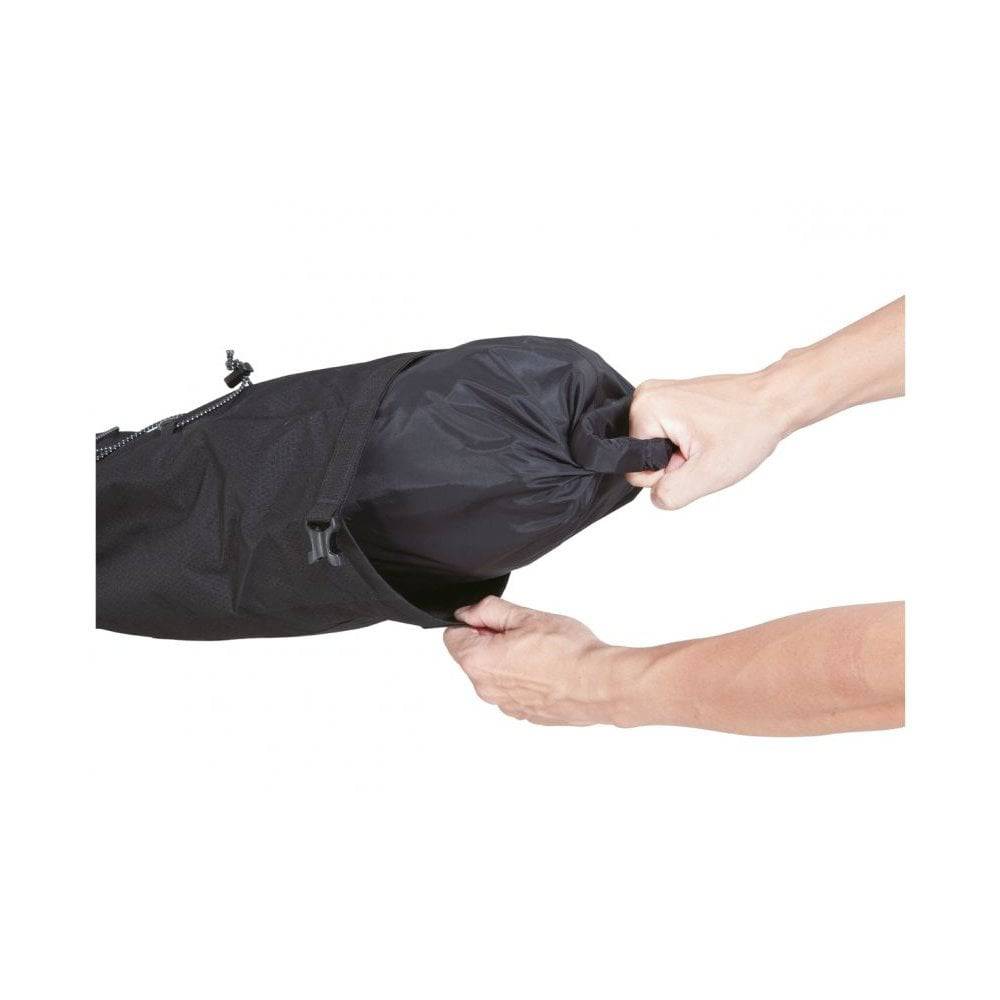 Topeak BackLoader bikepacking seat bag with water-resistant material and quick-release mount, mounted on bike saddle.