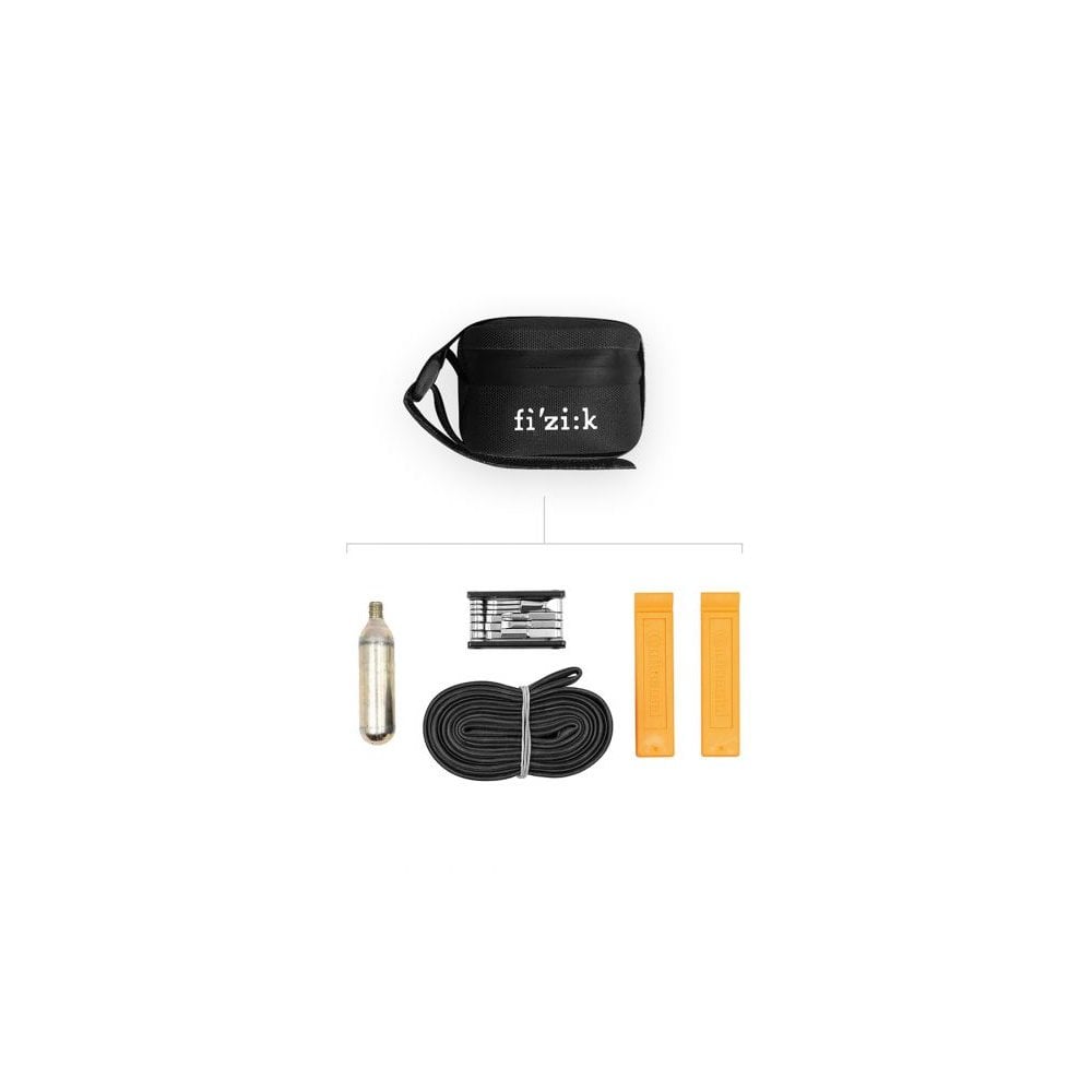 Fizik waterproof cycling saddle bag with black fabric, Velcro attachment, designed for secure storage on bike seats.