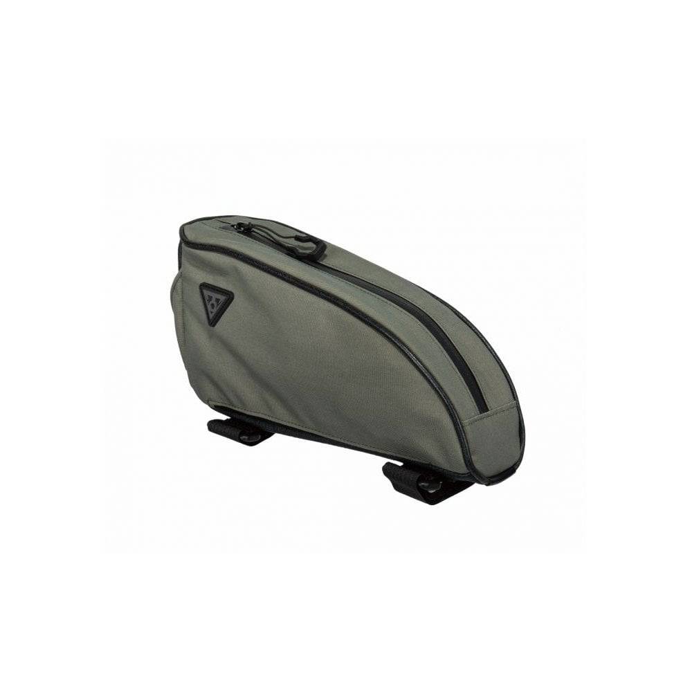 Topeak Green Toploader bikepacking top tube bag with rain cover, 0.75L capacity, mounted on a bicycle frame.