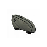 Topeak Green Toploader bikepacking top tube bag with rain cover, 0.75L capacity, mounted on a bicycle frame.