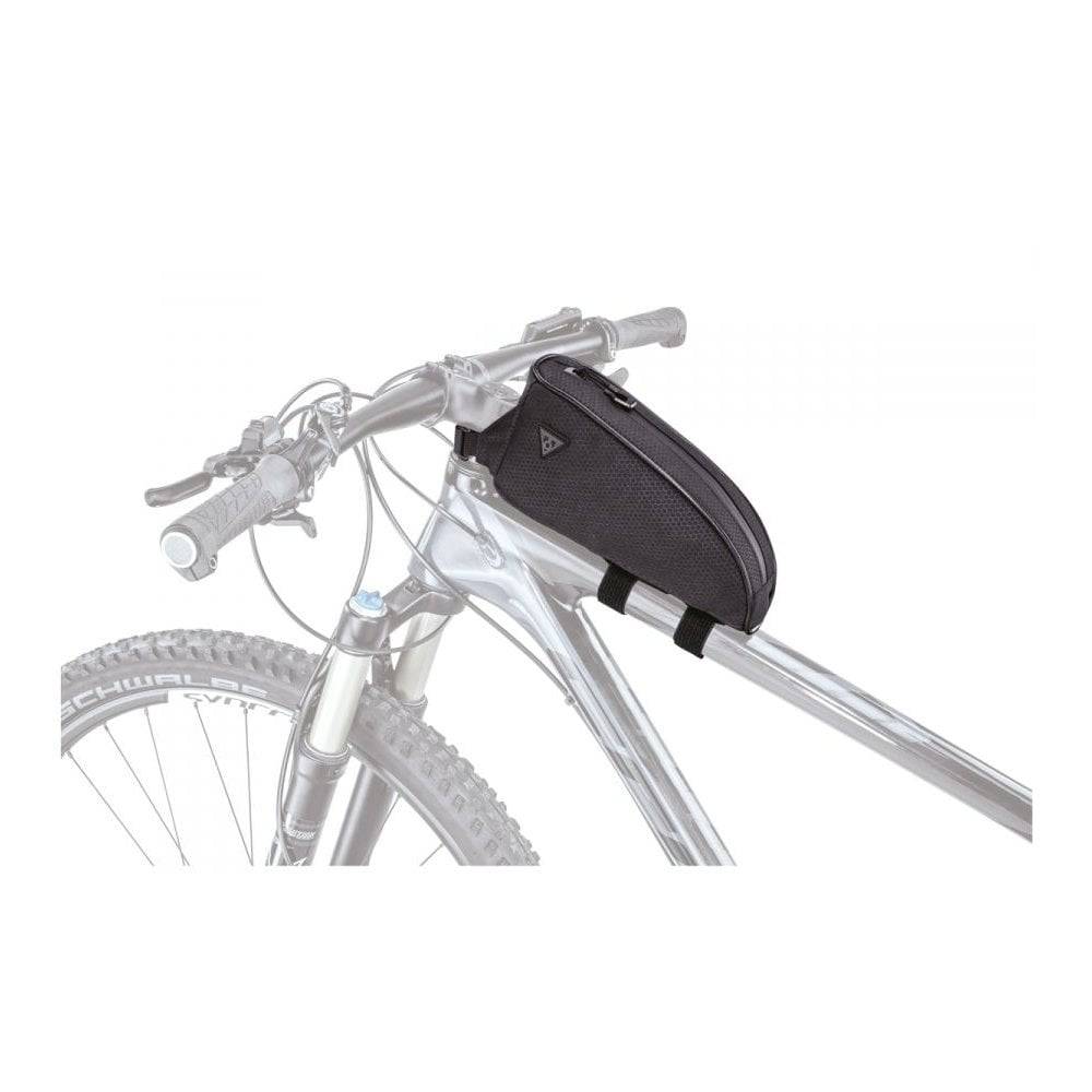 Topeak Toploader green bikepacking top tube bag with rain cover, 0.75L capacity, mounted on a bicycle frame.