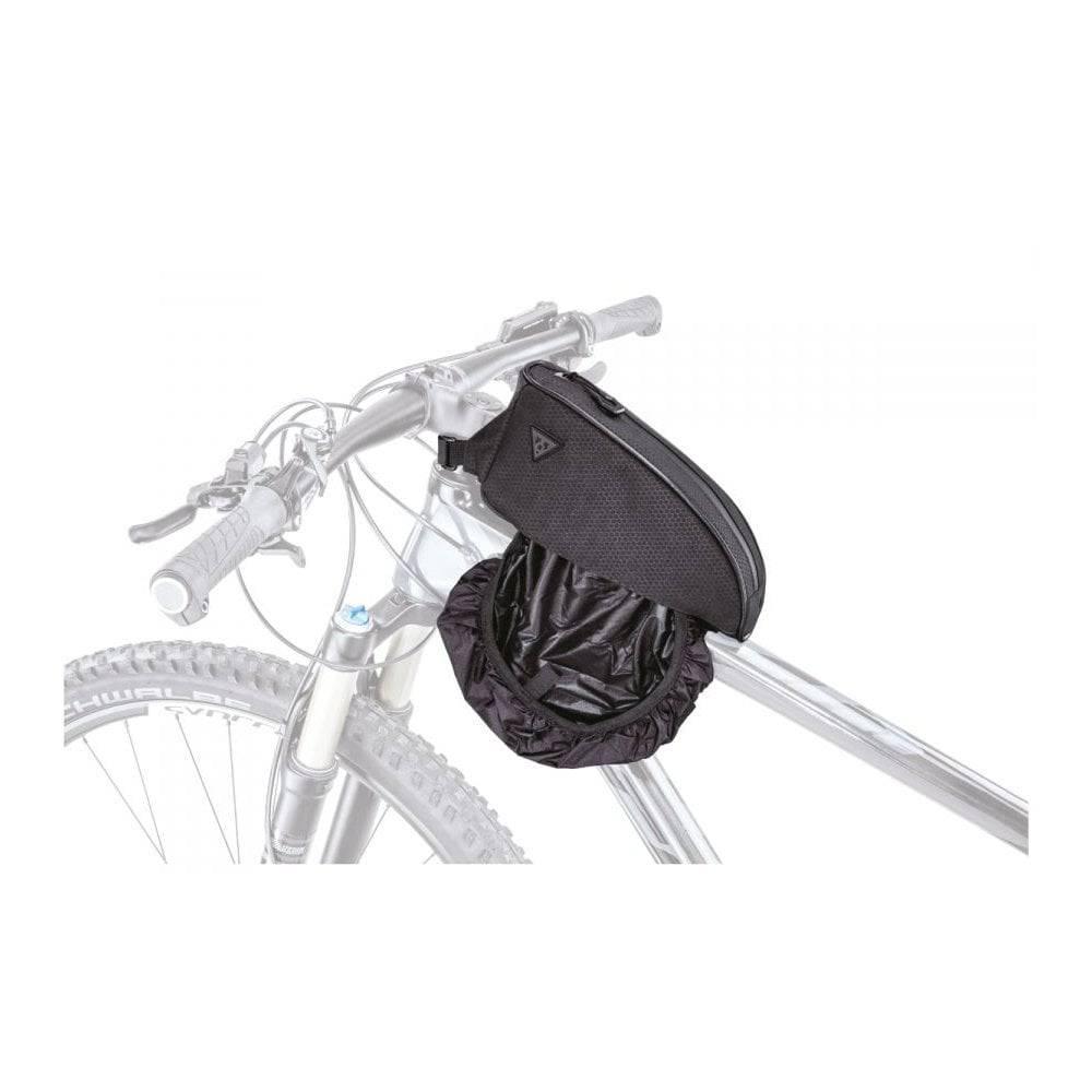Topeak Toploader green bikepacking top tube bag with rain cover, 0.75L capacity, designed for bicycle accessories.
