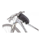 Topeak Toploader green bikepacking top tube bag with rain cover, 0.75L capacity, mounted on a bicycle frame.