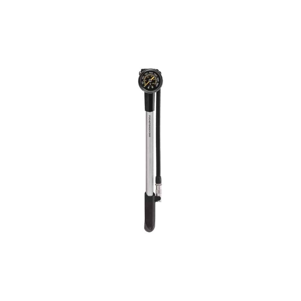 Topeak Pocket Shock DXG hand pump with pressure gauge for suspension forks and shocks, compact bike pump accessory.