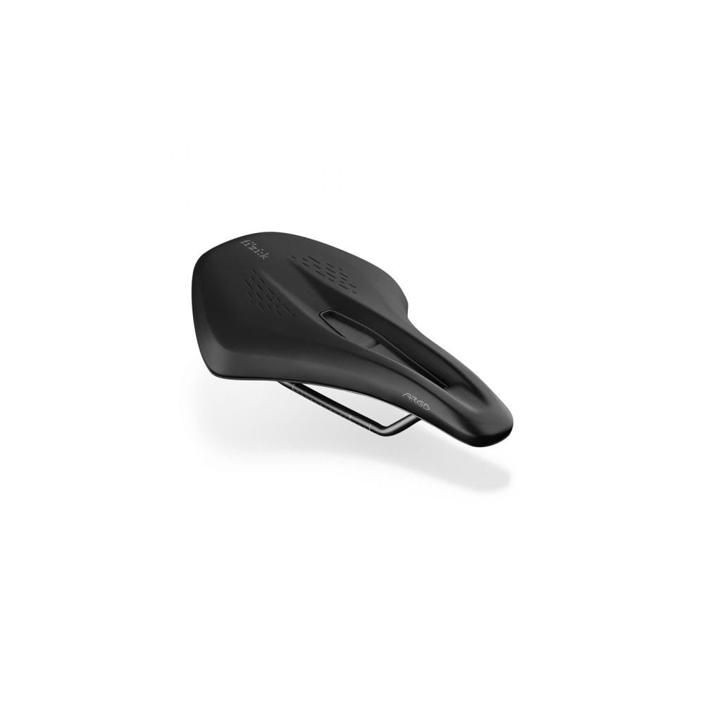 Fizik Terra Argo X3 gravel bike saddle with short-nose design and cut-out for comfort, mounted on a bike seat post