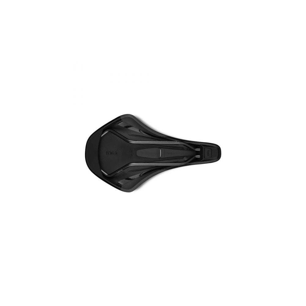 Fizik Terra Argo X3 gravel bike saddle with short-nose design and cut-out for comfort, mounted on a bicycle seat post.