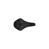 Fizik Terra Argo X3 gravel bike saddle with short-nose design and cut-out for comfort, mounted on a bicycle seat post.