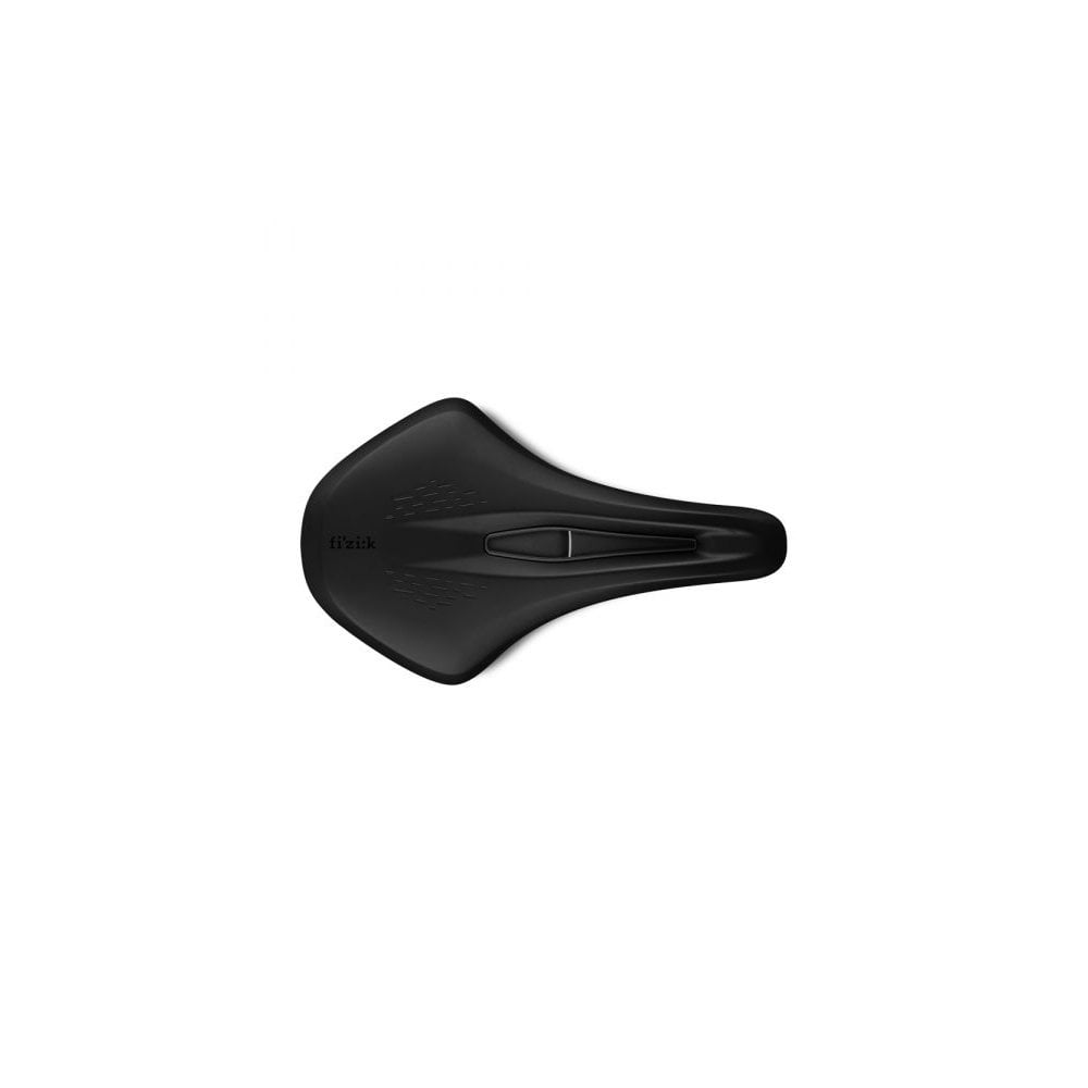 Fizik Terra Argo X3 gravel bike saddle with short-nose design, cut-out for comfort, mounted on a bike seat post.