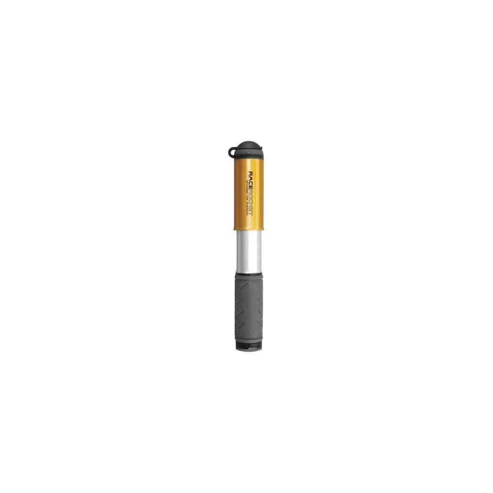 Topeak Race Rocket portable bike hand pump with Presta and Schrader valve adapters, compact cycling accessories for inflating tires.