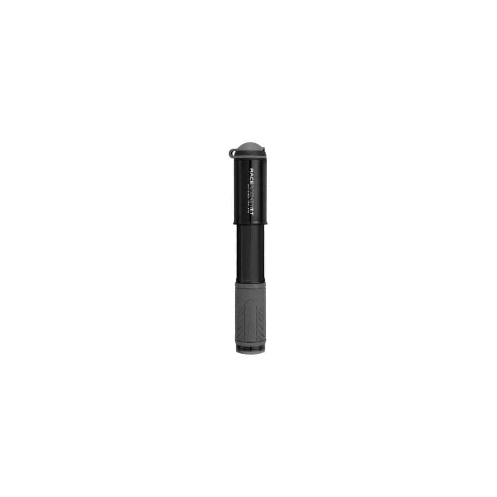 Topeak Race Rocket MT hand pump for mountain bike tires, showing compact design and pressure gauge for up to 90psi.