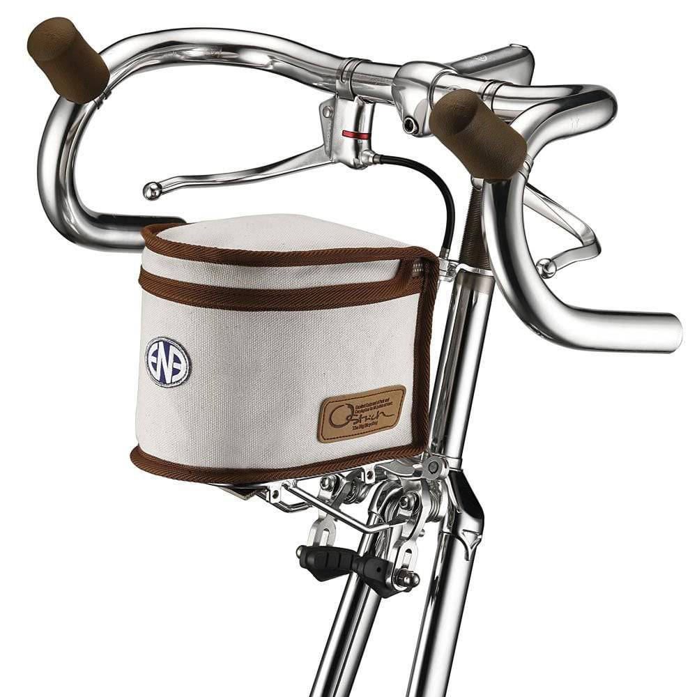 Dia-Compe ENE front bag for ENE carrier, durable canvas pannier bag for cycling accessories, shown attached to bike.