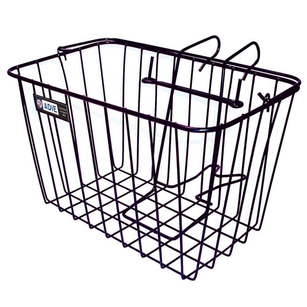 Adie front wire basket with holder for road and mountain bikes, mounted on a bicycle front fork for carrying essentials.