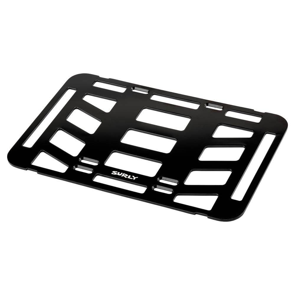 Surly aluminum TV tray rack platform accessory for bikes, provides expanded cargo capacity and easy attachment for bike transport.