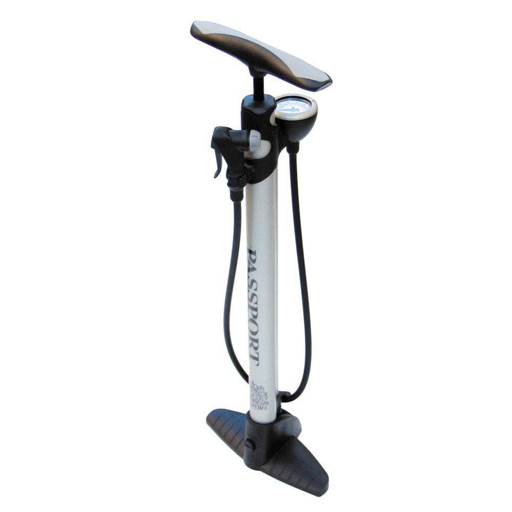 Passport Steel Track Pump with reversible Schrader and Presta valve head for bicycle tires, durable floor pump accessory.